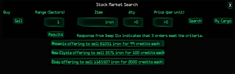 Stock Market Search - Searching for colonies selling iron within one sector