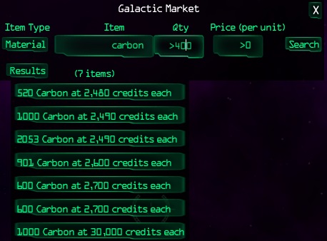 Galactic market. Searching for over 400 units of carbon.