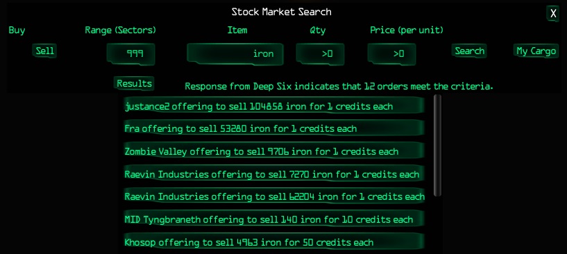 Stock Market Search - Searching for colonies selling iron within 999 sectors